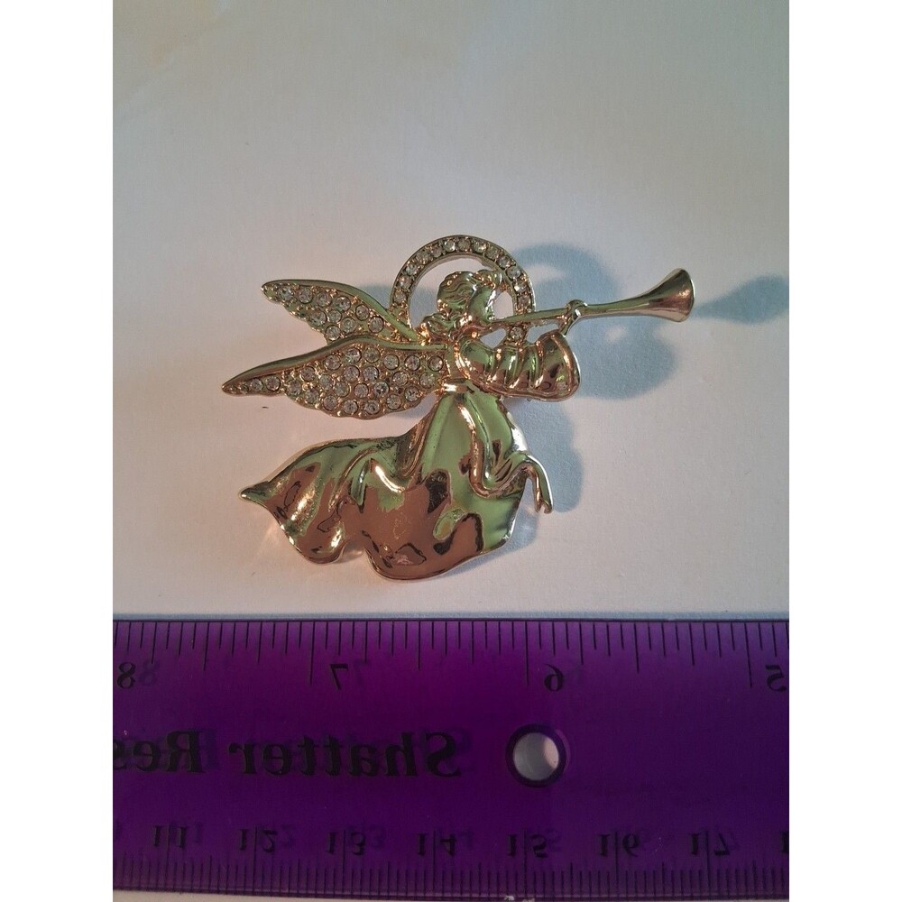 NAPIER Stamped Rhinestone Angel Blowing Trumpet Brooch